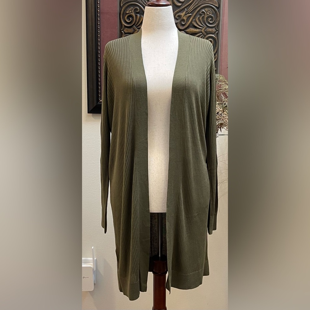 NWT - LOFT Open Front Lightweight Ribbed Long Cardigan - Olive Green